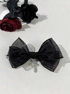 Gothic Mesh Bow Hair Clip With Cross Charm Alternative Statement Accessory