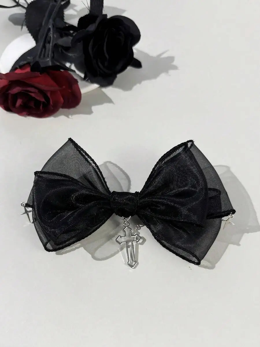 Gothic Mesh Bow Hair Clip With Cross Charm Alternative Statement Accessory