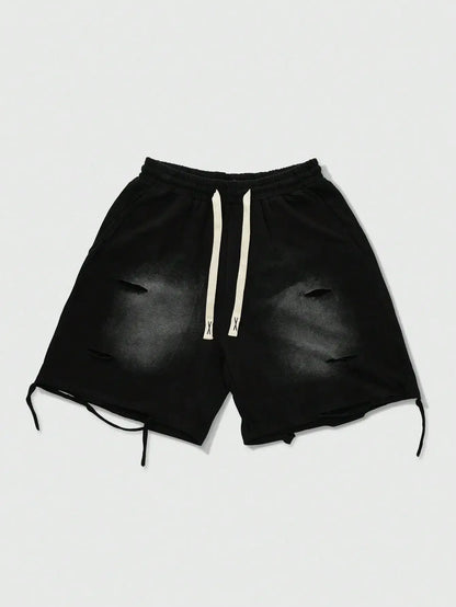 Men's Loose Graphic Print Drawstring Sports Shorts with Distressed Streetwear Inspired Design