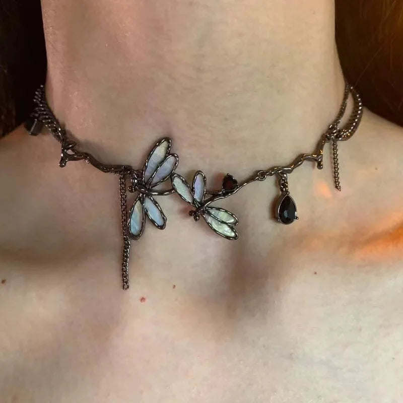 Vintage Gothic Dragonfly Charm Choker Necklace for Dark Feminine Alternative Fashion Styling