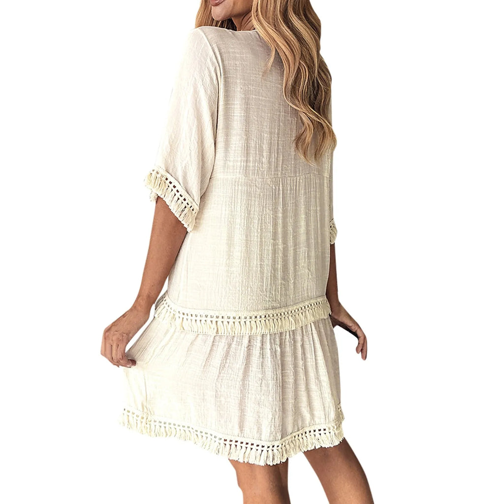Embroidered V Neck Tiered Mini Dress with Relaxed Contemporary Shape