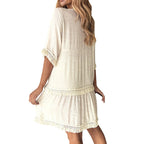 Embroidered V Neck Tiered Mini Dress with Relaxed Contemporary Shape