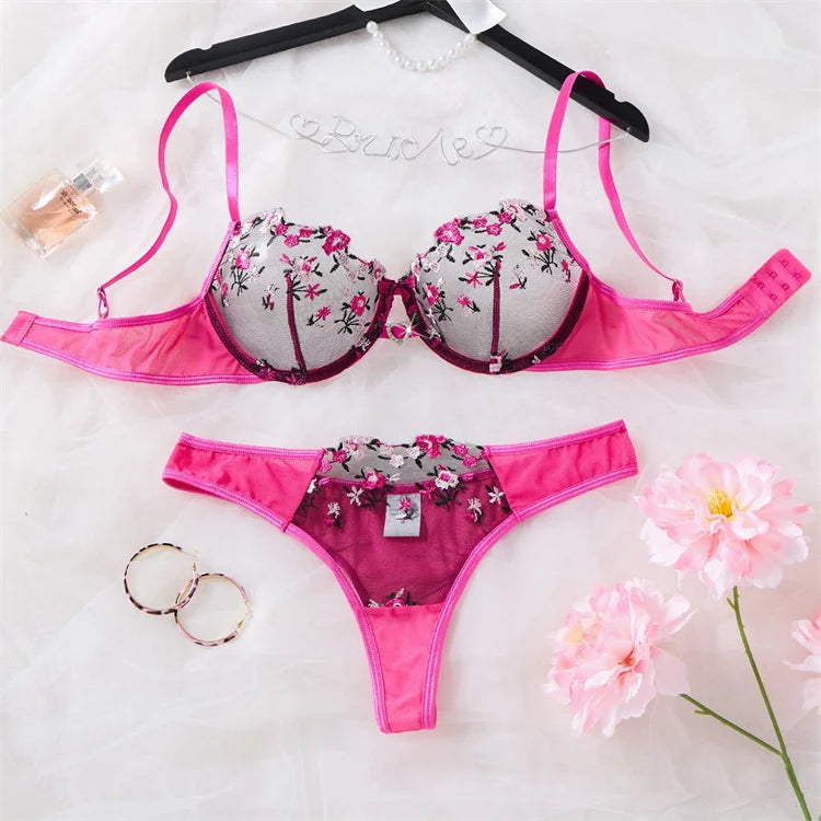 Vibrant Rose Pink Embroidered Mesh Underwire Bra and Thong Set