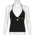 Strappy Buckle Detail Crop Top with Backless Streetwear Inspired Silhouette
