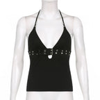 Strappy Buckle Detail Crop Top with Backless Streetwear Inspired Silhouette