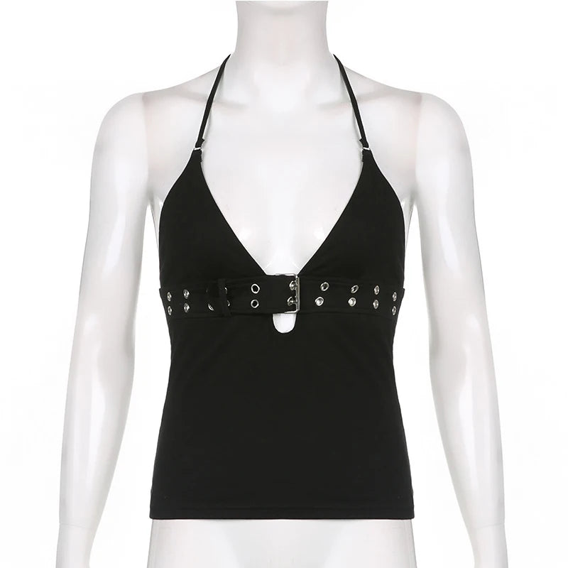 Strappy Buckle Detail Crop Top with Backless Streetwear Inspired Silhouette