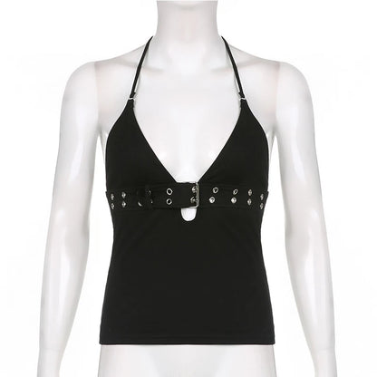 Strappy Buckle Detail Crop Top with Backless Streetwear Inspired Silhouette