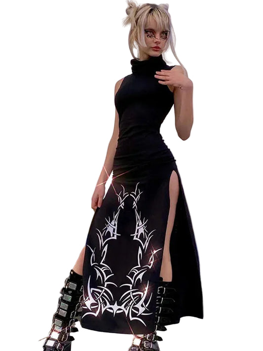 Dark Fantasy Split-Leg Gothic Dress with Alternative Streetwear Aesthetic