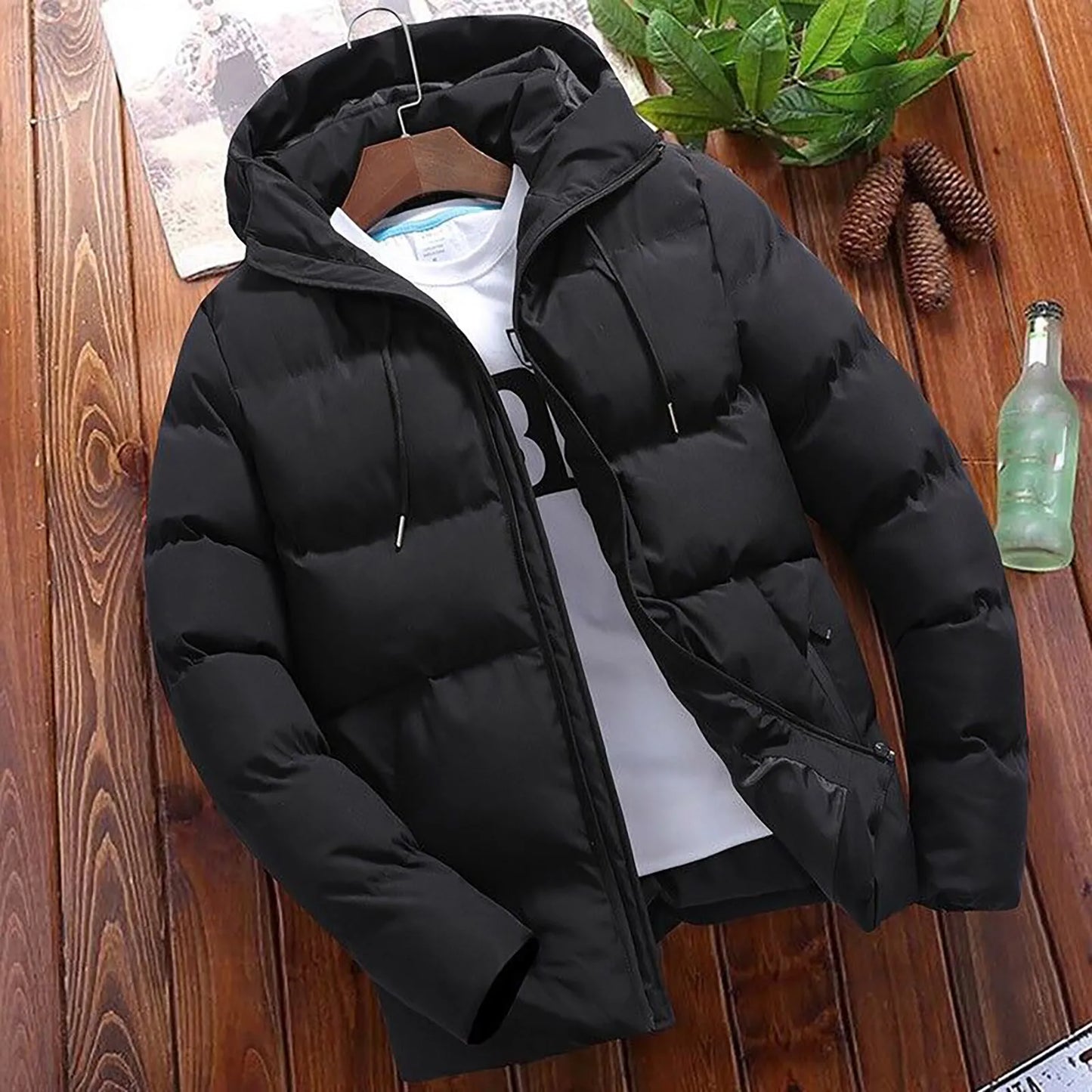 Men's Hooded Quilted Puffer Jacket with Relaxed Fit for Everyday Winter Streetwear