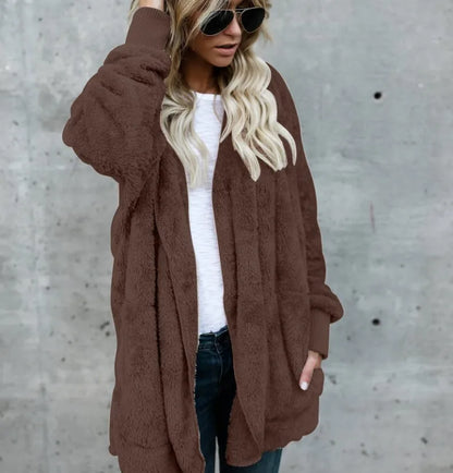 Women's Hooded Plush Fleece Cardigan Open Front Cozy Casual Layering Jacket