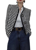 Retro Houndstooth Stand Collar Jacket with Tailored Vintage Inspired Silhouette