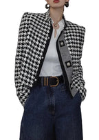 Retro Houndstooth Stand Collar Jacket with Tailored Vintage Inspired Silhouette