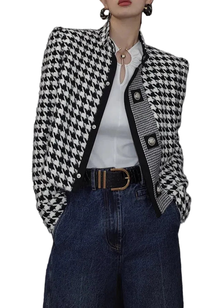 Retro Houndstooth Stand Collar Jacket with Tailored Vintage Inspired Silhouette