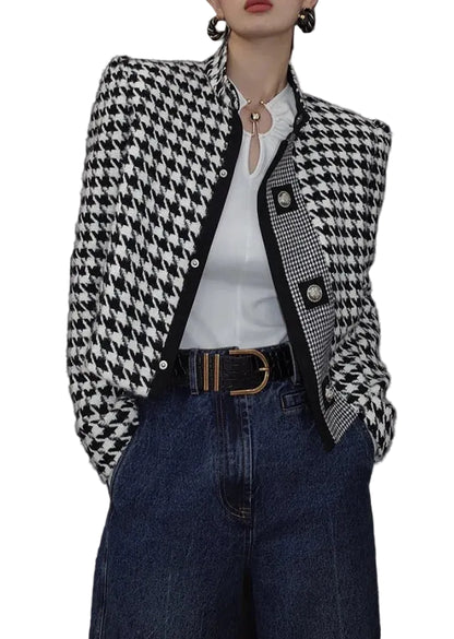 Retro Houndstooth Stand Collar Jacket with Tailored Vintage Inspired Silhouette