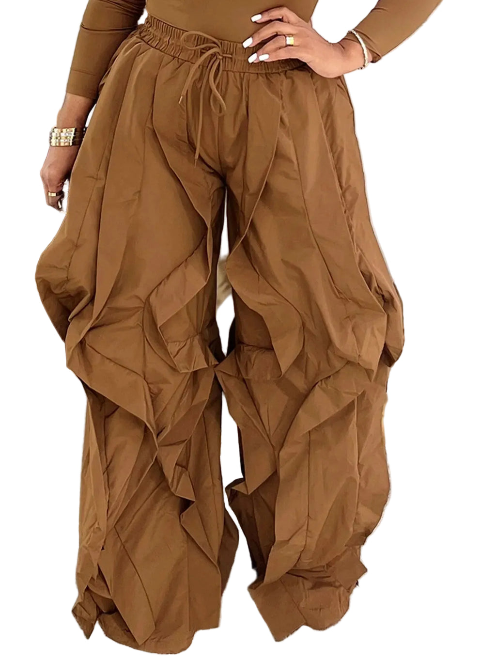 Women's High Waist Oversized Wide Leg Ruffle Detail Trousers with Drawstring Waist