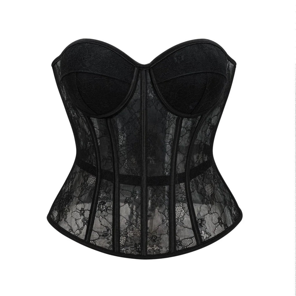 Sheer Black Floral Lace Overbust Corset with Structured Cups
