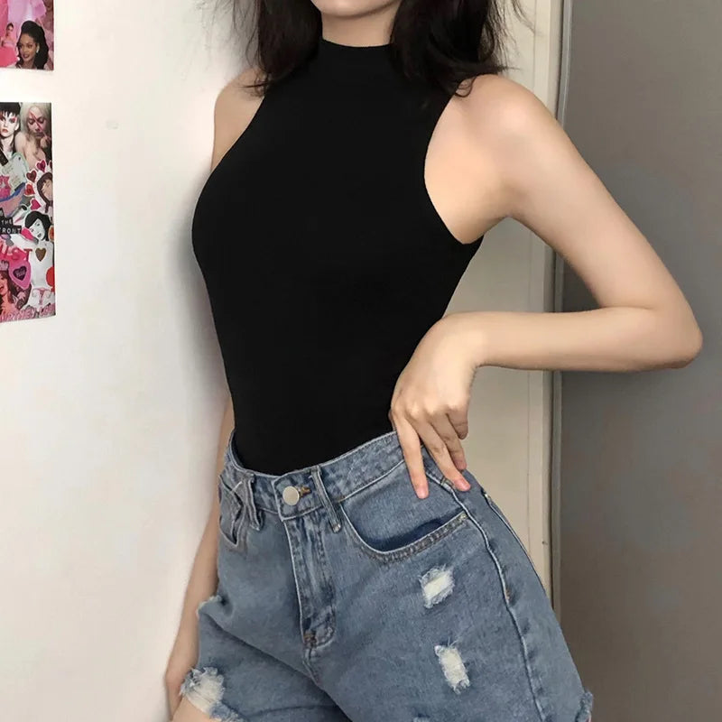 High Neck Sleeveless Bodycon Bodysuit for Gothic and Alternative Streetwear