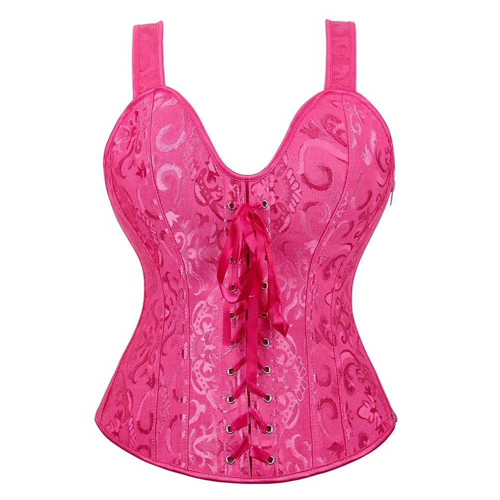Vintage Floral Tapestry Overbust Corset with Wide Straps and Structured Seaming
