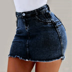 High Rise Distressed Edge Denim Mini Skirt With Clean Street Fit