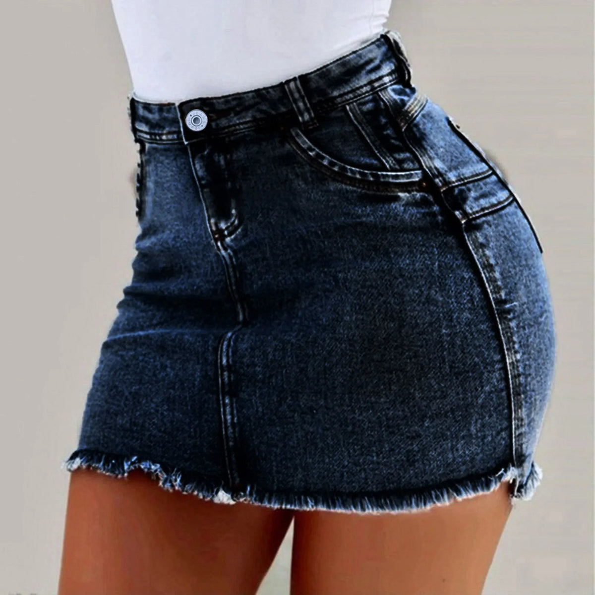 High Rise Distressed Edge Denim Mini Skirt With Clean Street Fit