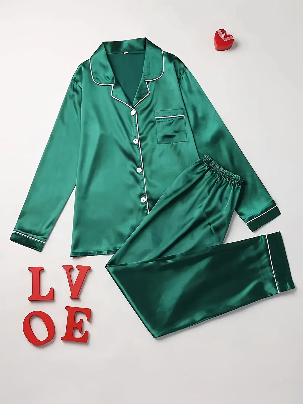 Classic Red Long-Sleeve Pajama Set with Tailored White Piping