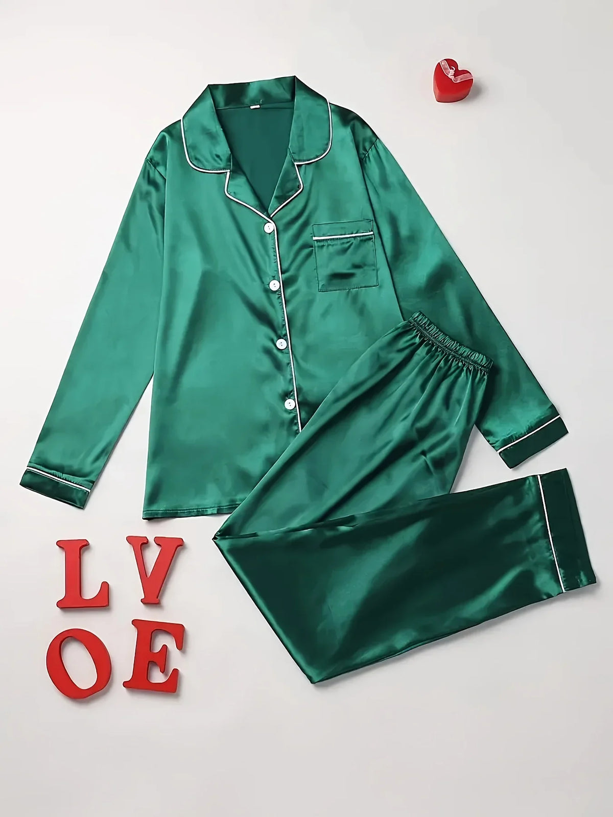 Classic Red Long-Sleeve Pajama Set with Tailored White Piping