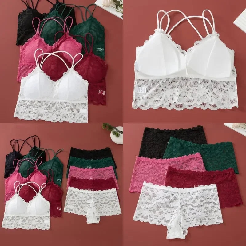 Floral Lace Longline Bralette and Coordinating Boyshort Set with Double Front Straps