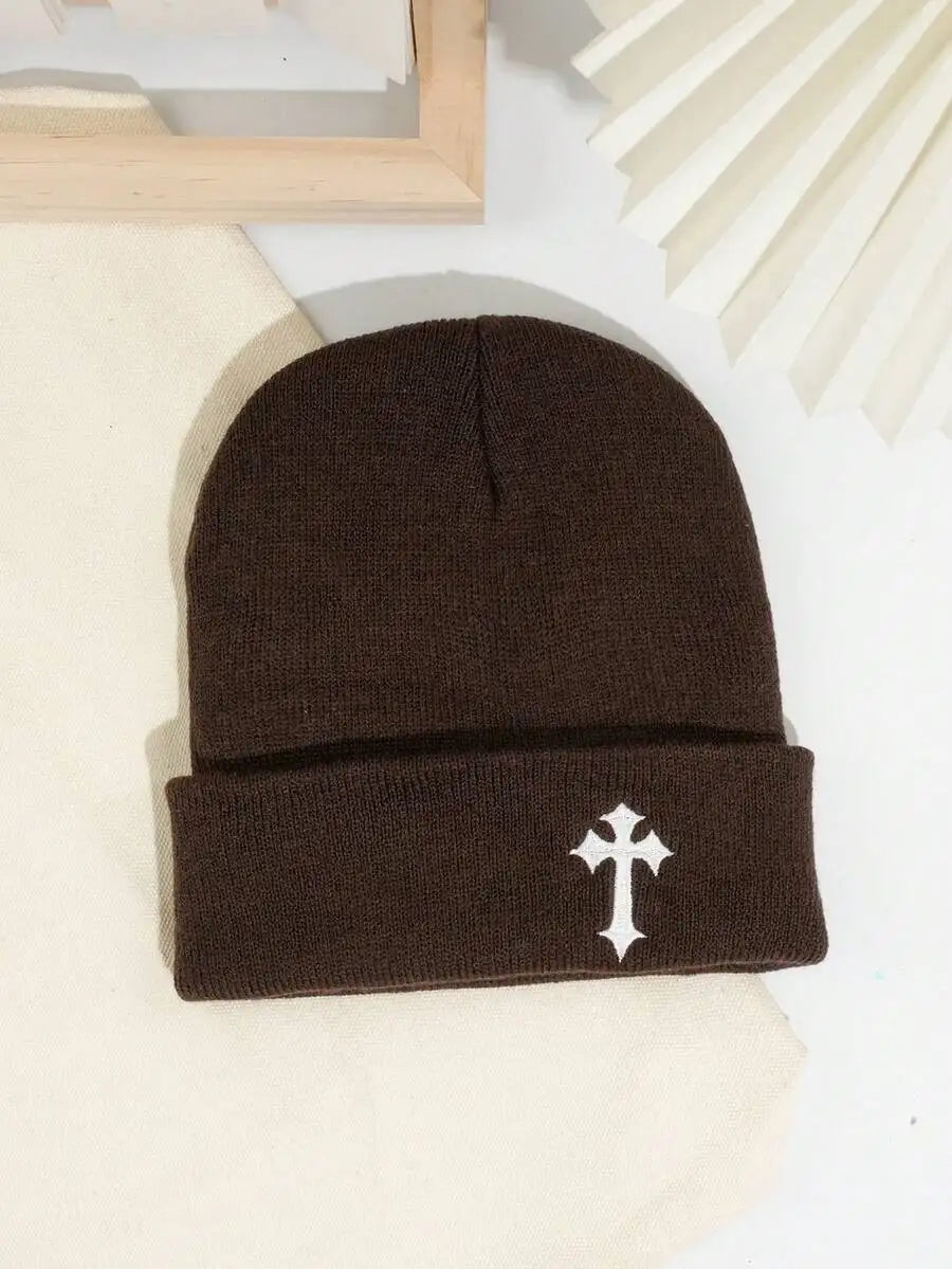 Minimalist Embroidered Cross Acrylic Knit Beanie for Modern Streetwear Winter Casual Fashion Style