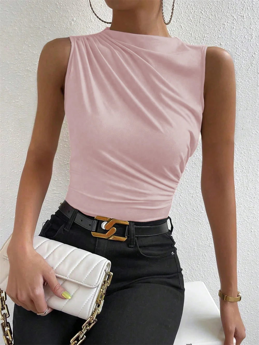 Mock Neck Ruched Tank Top with Slim Fit Stretch Everyday Modern Streetwear Style