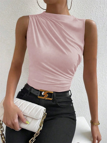 Mock Neck Ruched Tank Top with Slim Fit Stretch Everyday Modern Streetwear Style