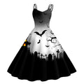 Halloween Graveyard Print Flared A-Line Dress with Double Spaghetti Straps