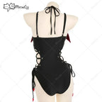 Women's Halter Cutout One Piece Swimsuit with Decorative Shoulder Accents and Modern Styling