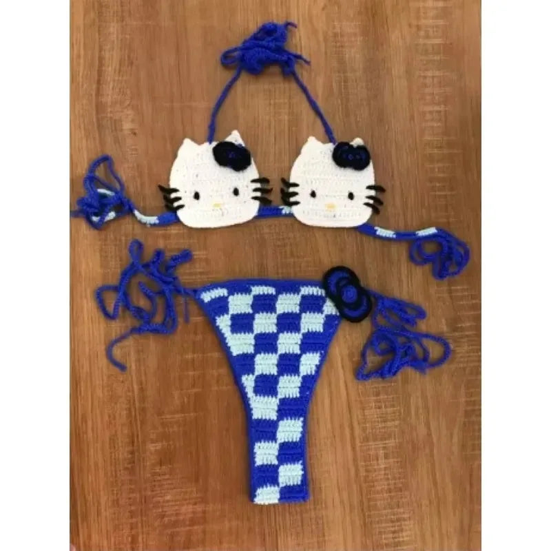 Hand-Crafted Crochet Halter Bikini Set with Whimsical Feline and Checkerboard Details