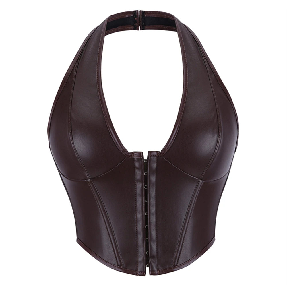 Sleek Burgundy Faux Leather Halter Vest with Front Hook Closure