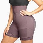 High-Waisted Mid-Thigh Shaping Shorts with Center Closure and Floral Lace Hem