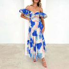 Floral Print Maxi Dress with Puff Sleeves and Waist Cutout Detail