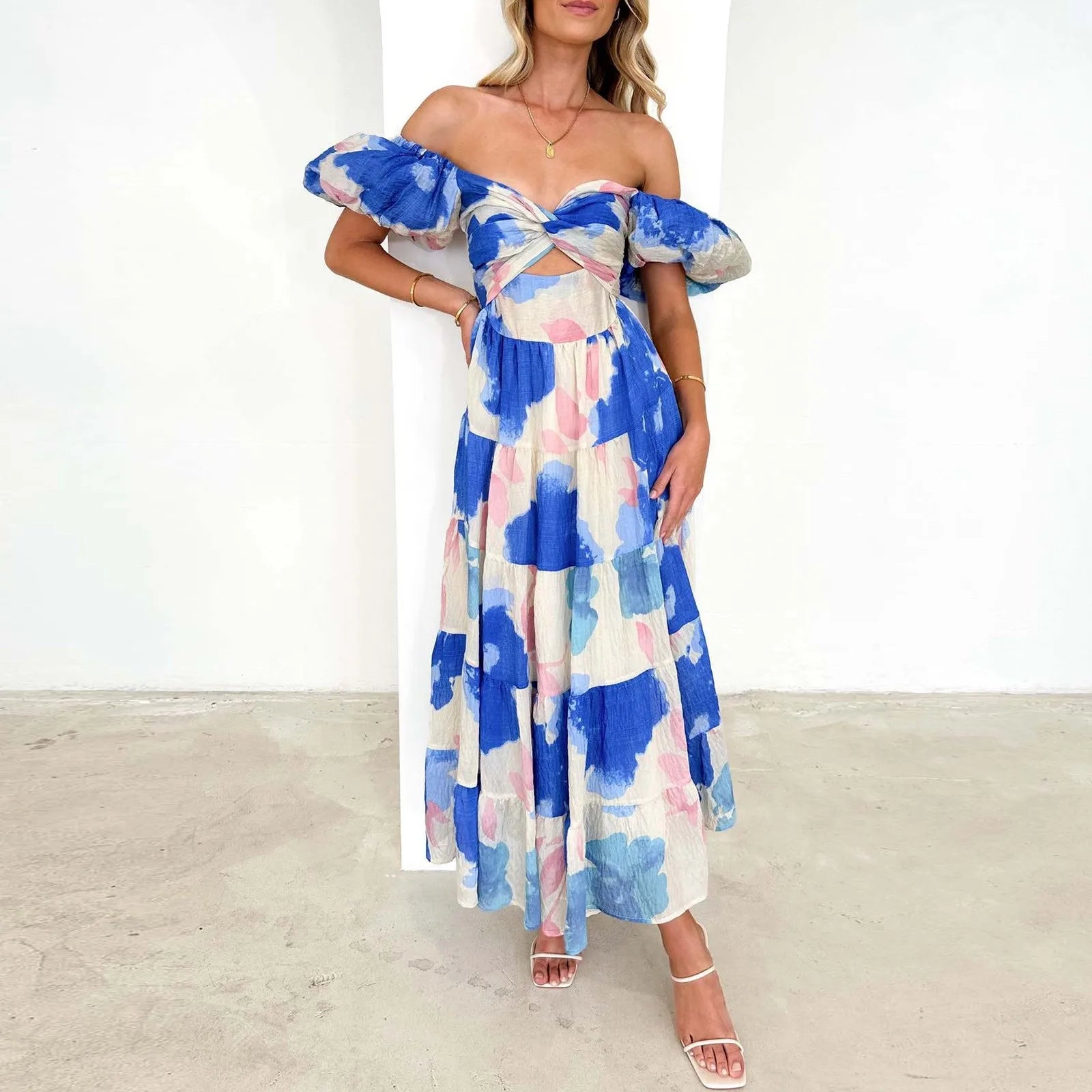 Floral Print Maxi Dress with Puff Sleeves and Waist Cutout Detail