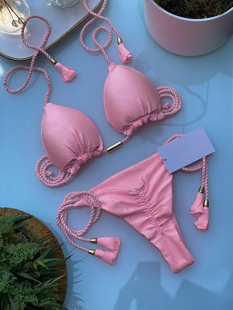Soft Periwinkle Triangle Bikini Set with Two-Tone Twisted Rope and Tassel Details