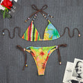 Tropical Botanical Print Triangle String Bikini with Beaded Tie Accents