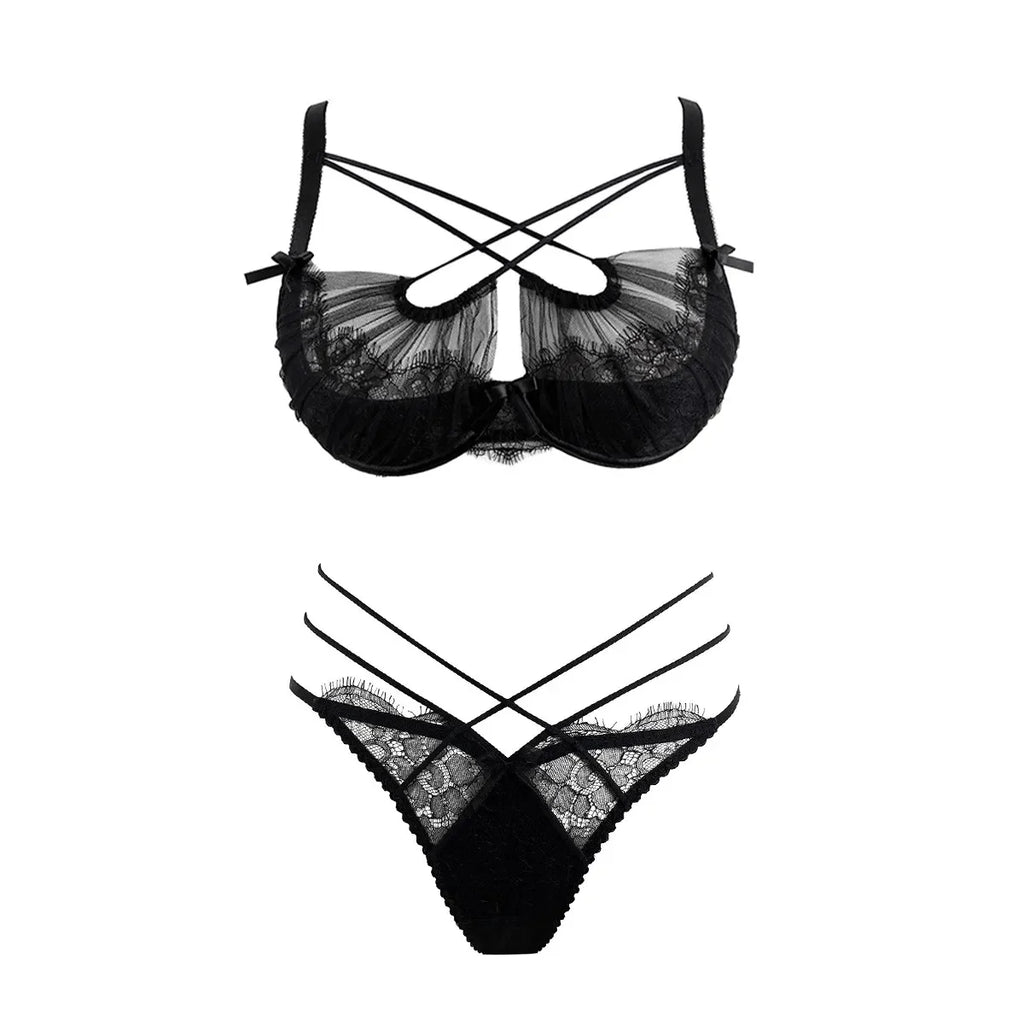 Deep Crimson Sheer Mesh Underwire Lingerie Set with Architectural Strappy Chest Detailing