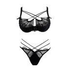 Deep Crimson Sheer Mesh Underwire Lingerie Set with Architectural Strappy Chest Detailing