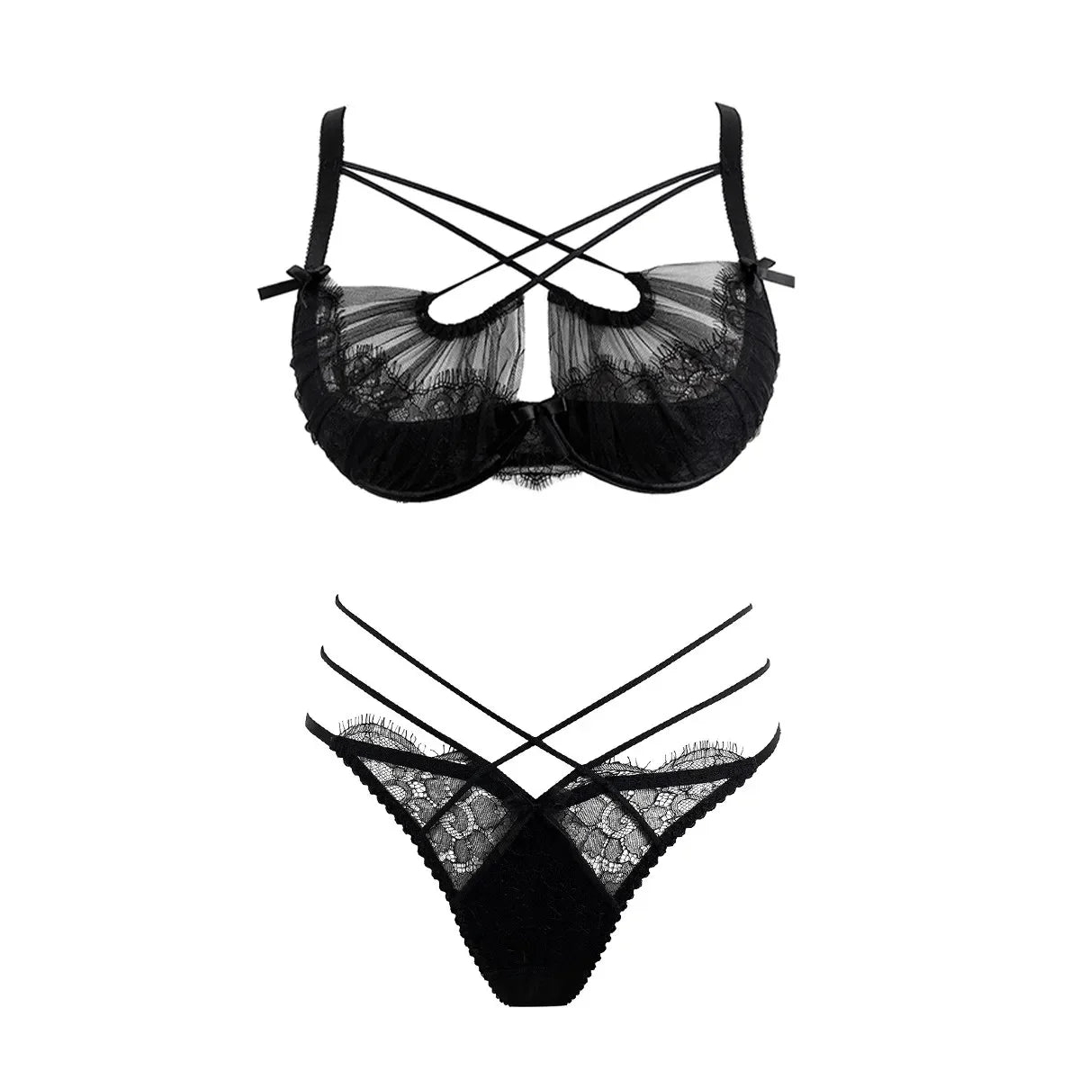 Deep Crimson Sheer Mesh Underwire Lingerie Set with Architectural Strappy Chest Detailing