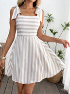 Tie Shoulder Striped A-Line Mini Dress with Square Neck Design