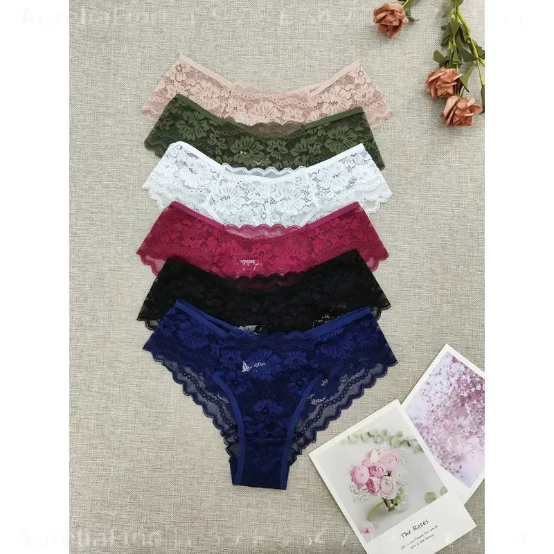 6-Piece Women’s Sheer Lace-Style Bikini Briefs Set with Solid Colors, Floral-Inspired Texture and Delicate Feminine Finish