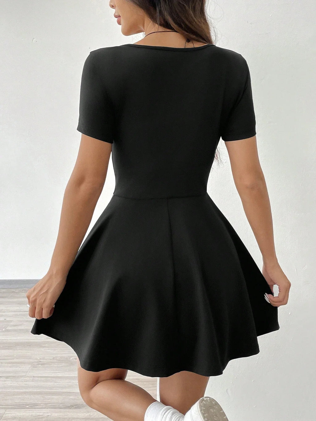 Square Neck Short Sleeve A-Line Mini Dress with Flared Skater Silhouette