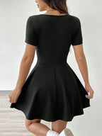 Square Neck Short Sleeve A-Line Mini Dress with Flared Skater Silhouette