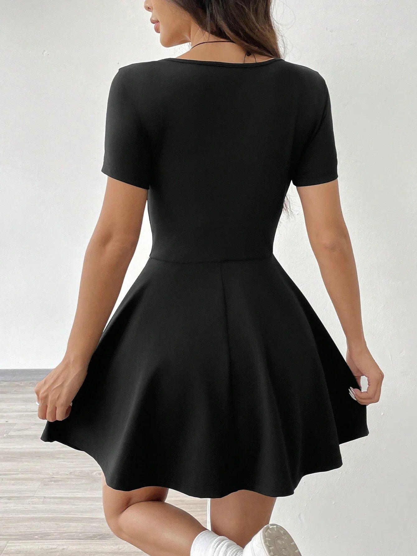Square Neck Short Sleeve A-Line Mini Dress with Flared Skater Silhouette