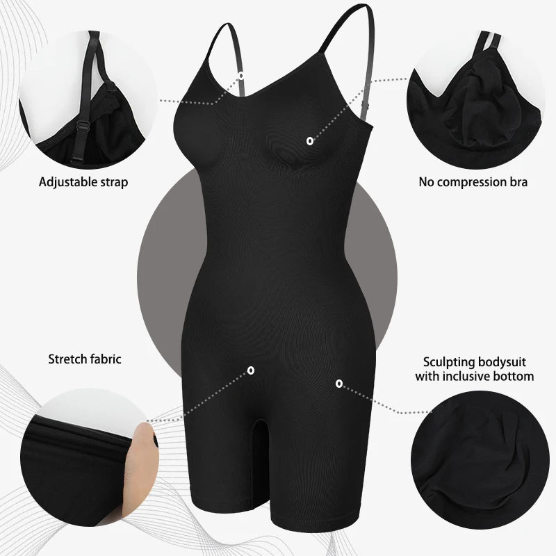 Seamless-Looking V-Neck Bodysuit with Adjustable Straps and Mid-Thigh Coverage