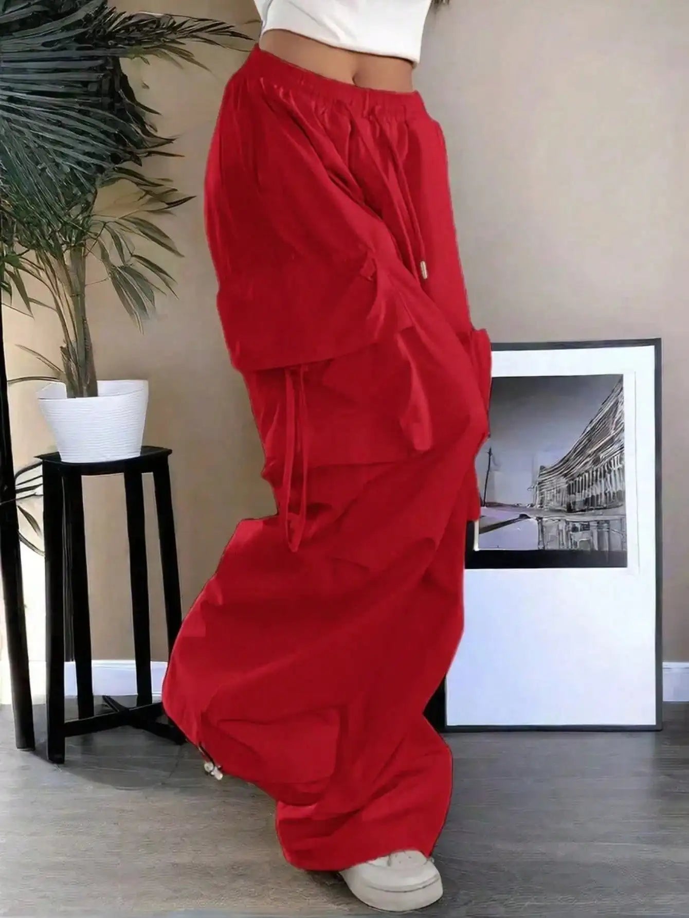 High Waist Cargo Pants with Flap Pockets Relaxed Wide Leg Streetwear Trousers