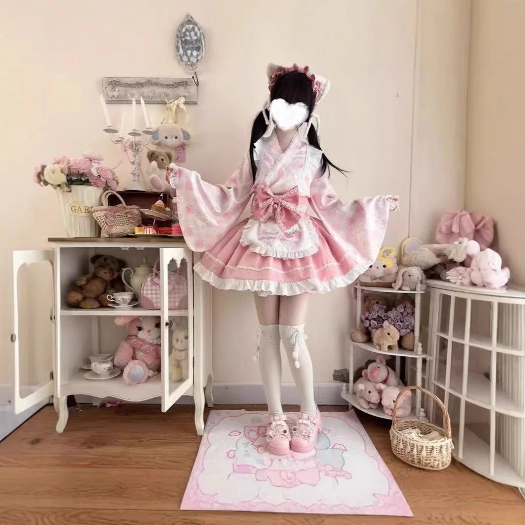 Pink Floral Wa-Lolita Maid Dress with Flowing Kimono Sleeves and Ruffled Apron
